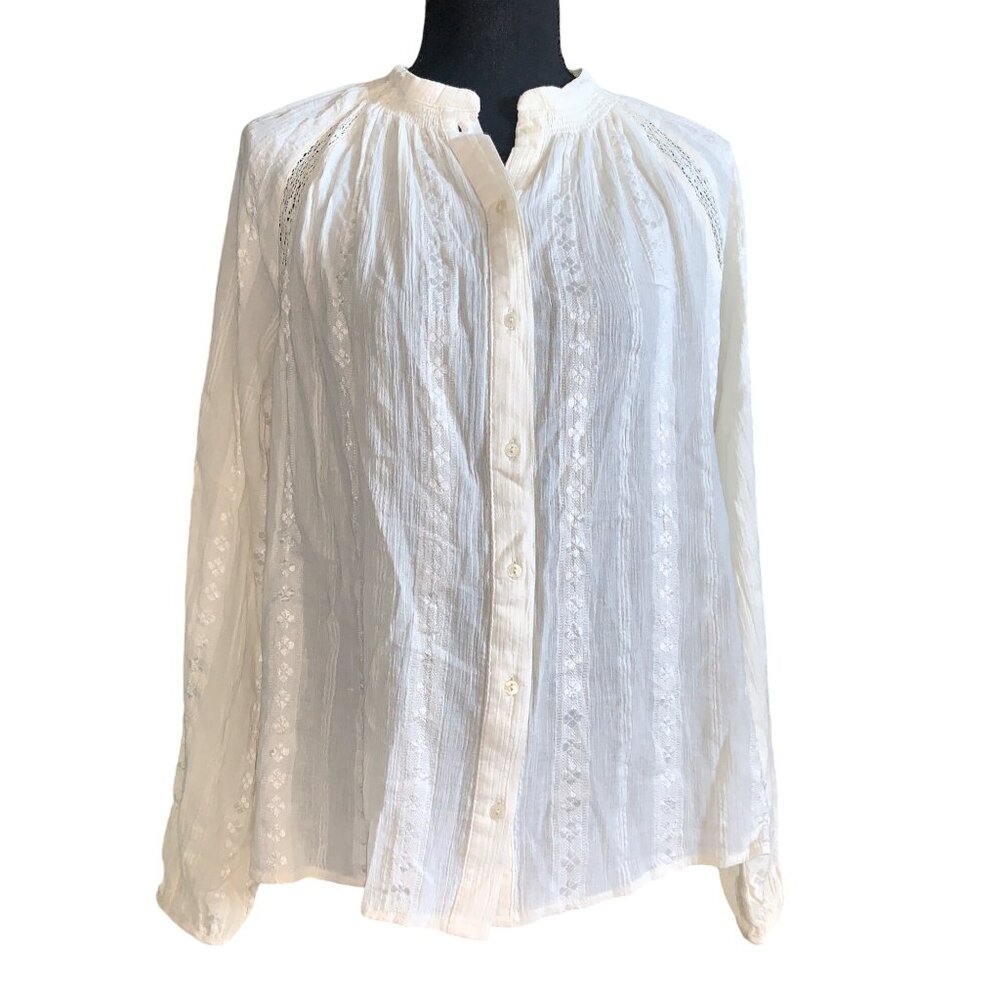 Universal Thread Womens Off-White Long Sleeve Button-Up Blouse w/ Lace Inserts - Picture 2 of 11
